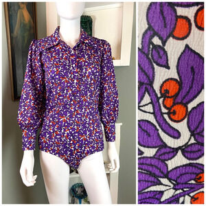Vintage 70s Novelty Cherries Cherry BodySuit Small Shirt Top Blouse Wide Collar